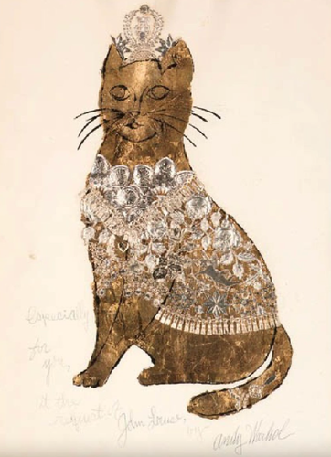 Minimalist drawing of a cat sitting in a dignified upright position. The artist seems to have gilded the cat and applied something that looks like diamonds, so it looks like a cat of gold that is cloaked in a glittering diamond garment and wearing a diamond crown, with additional gem detailing on the tail.