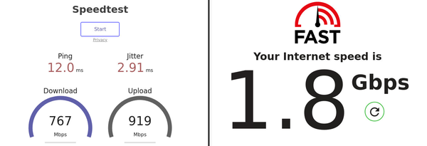 Screenshot speedtest.stux.me vs. fast.com