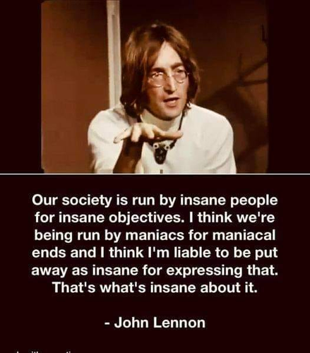 Our society is run by insane people for insane objectives. I think we're being run by maniacs for maniacal ends and I think I'm liable to be put away as insane for expressing that. That's what's insane about it. 

 John Lennon 