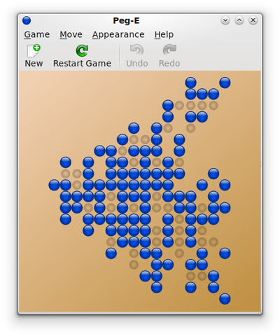 🕶️ A view of its UI (on a brown background, the rest of the interface depends on the window manager's theme, here it's metallic) at the start of the game, with many blue pegs to eliminate - by jumping over each other, taking care not to leave any isolated pegs that will be difficult to eliminate.

📚️ Peg-E is a libre, multi-platform peg solitaire game in which the player jumps over pieces to remove them from the board, with the goal of eliminating as many as possible. The boards are randomly generated, with 100 levels of difficulty. Saving is automatic, and the interface supports undo-redo. Pieces can be moved horizontally, vertically or diagonally.