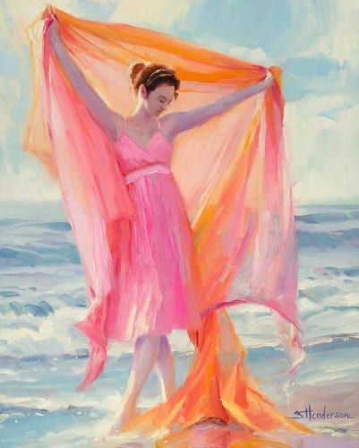 Art print of an original oil painting of a young woman dressed in pink dancing by the seaside.