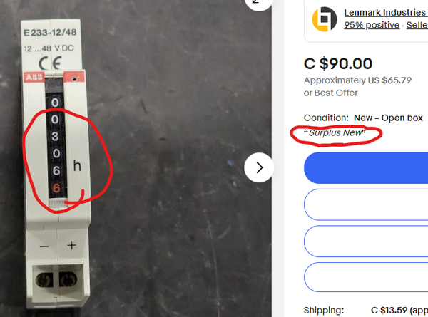 screenshot of ebay listing for an ABB DIN-mount hour meter. The listing calls the condition "New- Open Box" with the comment "Surplus New" 

The count on the hour meter is 306.6 hours.