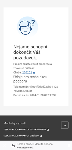 Snímek obrazovky s chybovou stránkou na webu identitaobcana.cz: "Nejsme schopni dokončit Váš požadavek"