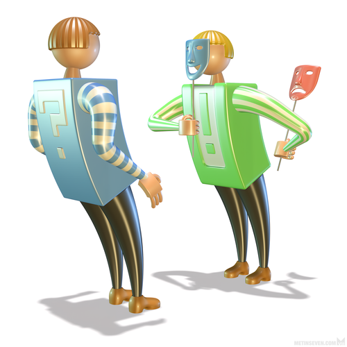 Stylized 3D illustration, showing a figure wearing a friendly mask in front of another figure, while the first figure holds an evil mask behind his back.