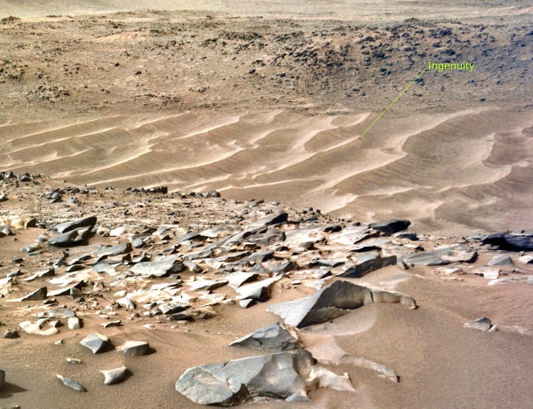 The Mars Helicopter Ingenuity is seen here resting at the crest of a regolith ripple in the ancient riverbed of Neretva Vallis.