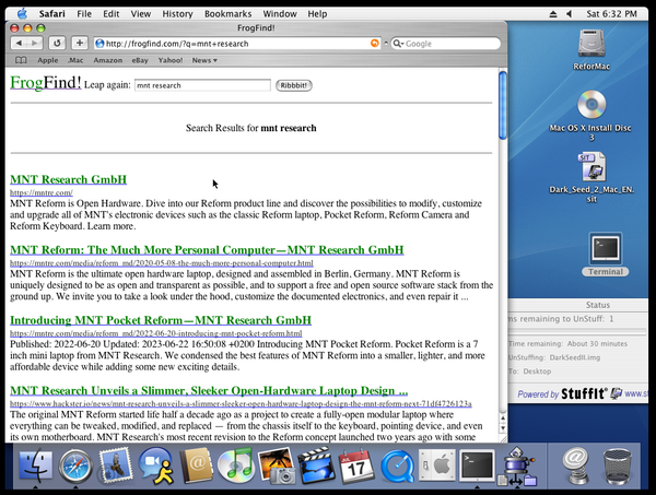 frogfind in safari on mac os x 10.3 emulated in qemu on mnt reform laptop with rk3588 processor