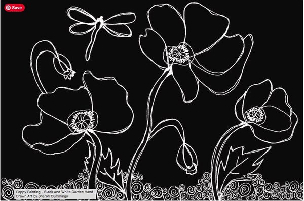 Black and white poppies hand drawn by artist Sharon Cummings.  Haiku in post.