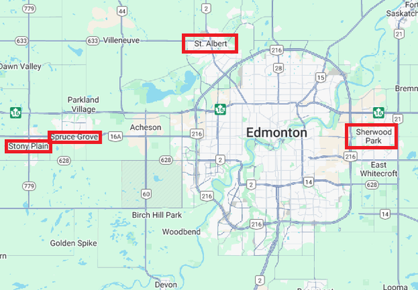 Map of the Edmonton area, with (L to R) Stony Plain, Spruce Grove, St. Albert, and Sherwood Park highlighted
