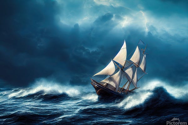 Sailing ship on the ocean, dramatic weather and dark atmosphere.