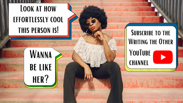 a cool Black woman wearing sunglasses to look even more cool sitting on a staircase and thinking about how much she loves our YouTube channel even though she is a stock photo