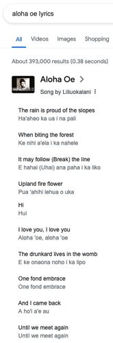 Screenshot of a terrible Google search result: a very, very bad translation of Lili'uokolani's classic "Aloha 'Oe."