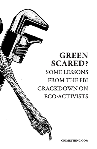 Cover of the zine

on the left you can see parts of a tool and a stick. on the right you can see the title 
"Green Sacres 
Some Lessons From the fbi crackdwon eco-acitvists"

at the bottom "crimethinc