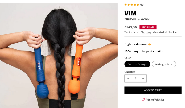 product listing for the fun factory VIM vibrating wand, a hitachi magic wand type sex toy, in sunrise orange and midnight blue