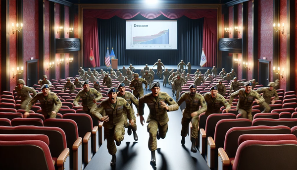 Militaires partant en panique d'une conférence où est projeté un PowerPoint