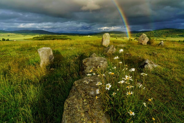 Photo of small standing stones surrounded by tall grass with a rainbow appearing behind them