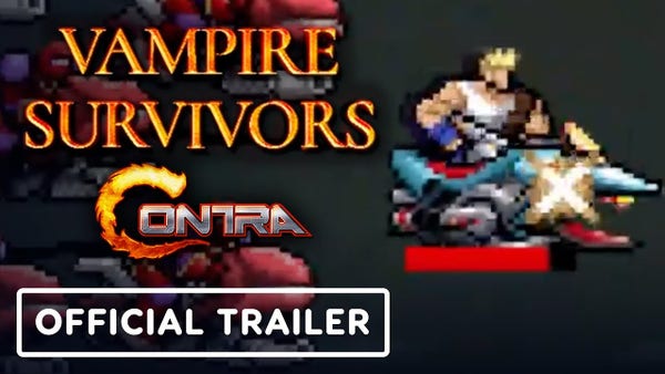 YouTube cover image for a video titled Vampire Survivors x Contra: Operation Guns - Official Launch Trailer