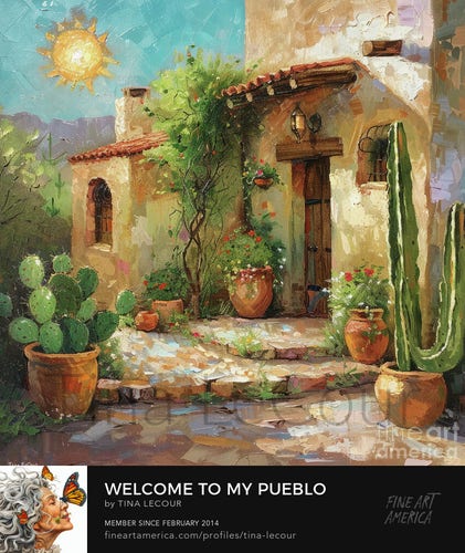 This is a charming landscape of a pretty pueblo filled with pretty potted cacti flowers and the sun shining above.