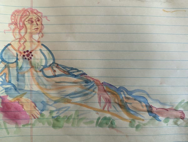 Watercolor study on legal paper of a reclining goddess wearing Italian Renaissance era clothes.