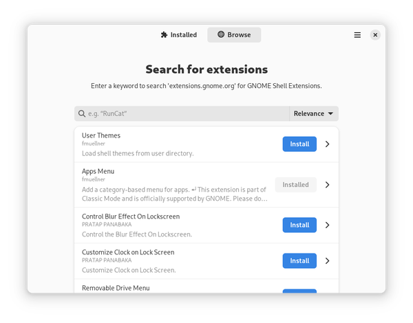 A screenshot of Extension Manager, showing the "Browse" page. There is a prompt to "Search for extensions" and a list of community extensions