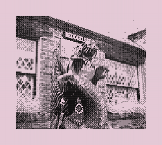 Sculpture of a metal dragon in front of a small cottage, highly pixelated