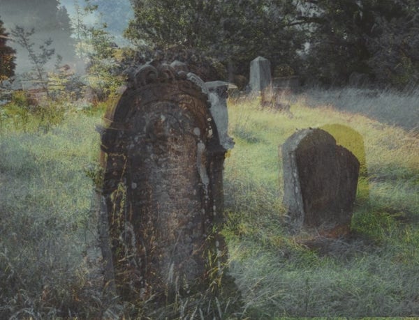 An image of some gravestones in a rural Shropshire cemetery. They are distorted