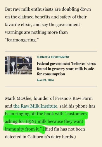 Article about "raw milk enthusiasts" wanting to buy milk tainted with H5N1 to "get immunity from it".