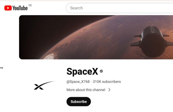 The cover page of the fake YouTube channel named SpaceX along with the verified checkmark 