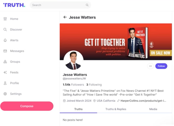 Screenshot of Jesse Waters on Truth Social. 
He has 1.5k followers and follows 3 people. 