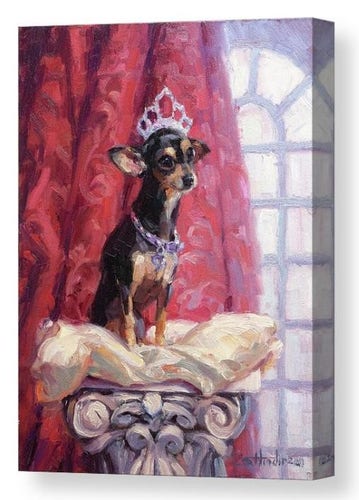 Canvas print of an original painting by Steve Henderson depicting a designer chihuahua dog sitting on a pedestal for a portrait.