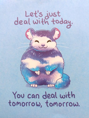 A smiling gerbil (or maybe chinchilla?), drawn in purple, blue and white, with the message, "Let's just deal with today. You can deal with tomorrow, tomorrow."