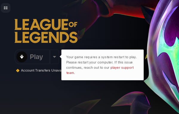 Leagues of Legends shows a warning message stating the computer must restart after installing Vanguard.