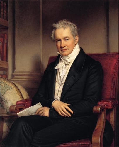 Alexander von Humboldt sitting next to a globe with a manuscript for his life's work "Cosmos" 1845-1862.

Portrait of Alexander von Humboldt with gray hair seated next to a globe, holding a document labeled "Treaty", dressed in a black coat with a white shirt and bow tie, seated in a red upholstered armchair with bookshelves in the background.