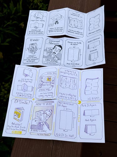 Two sheets of paper with printed graphics on them that teach how to make a mini-comic out of a sheet of paper. The two papers are very similar, but one has french text and the other has english. 
Each of these pages has 8 comic panels printed on it's front. They also have folds and a cut running down the center, which can be used to fold the paper into a booklet shape. 