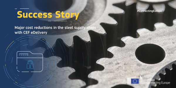 Photo of gears  with the text: Success story - Major cost reductions in the steel supply chain with CEF eDelivery