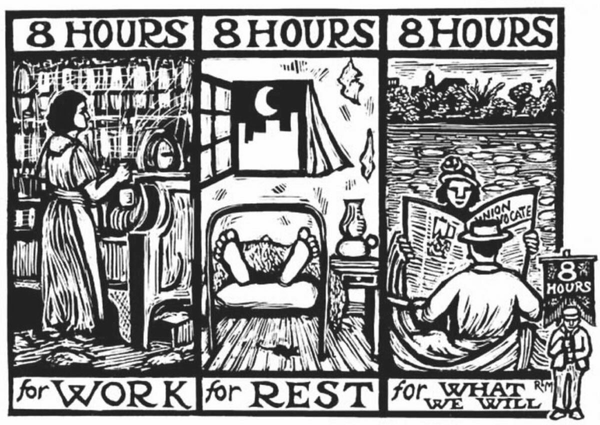 A vertically-split three-panel hand-drawn protest art:

- 8 hours for work (person working)
- 8 hours for rest (person sleeping)
- 8 hours for what we will (a couple on a boat, woman reading newspaper called Union Advocate)