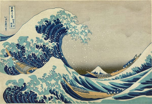 The Great Wave off Kanagawa, Hokusai's most famous print, the first in the series Thirty-six Views of Mount Fuji, c. 1829–1832
