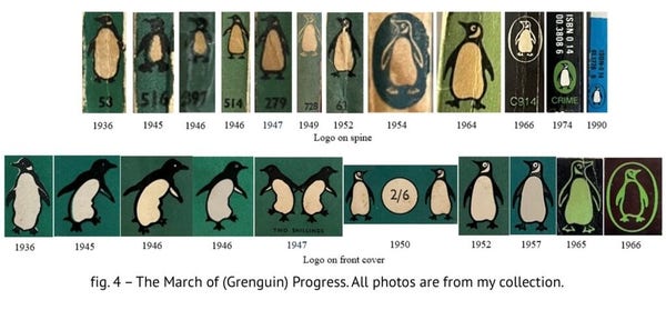Thumbnail images of the Penguin logo arranged chronologically from 1936 to 1966