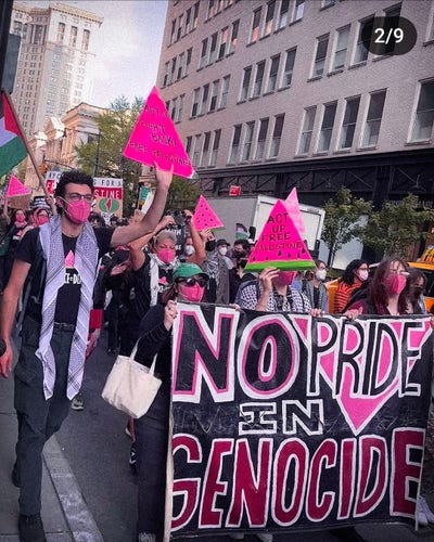 People marching with Act Up NY, a banner saying "NO PRIDE IN GENOCIDE", Everyone carrying pink watermelon triangle signs saying "Act Up Free Palestine". Everyone wearing N95 masks, many of them pink.