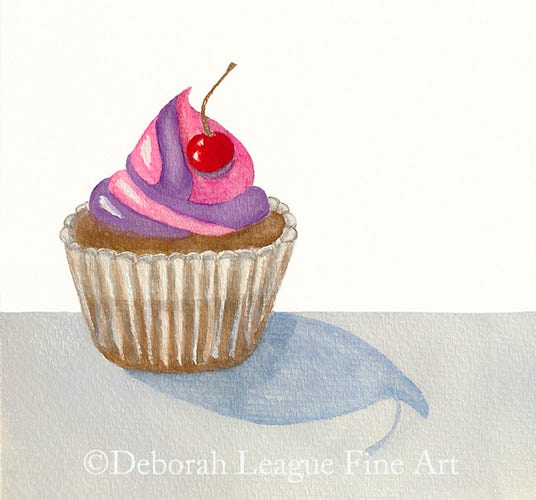 Cupcake Anyone? Watercolor painting art print. Chocolate cupcake with pink and purple frosting swirl and a cherry on top Fun food art. Whimsical as wall art and so cute on items of home decor such as t-shirts, onesies, phone cases, totes and so much more! Square image.