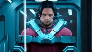 Man restrained in a series of huge metal braces and brackets looking pissed off. This man is Bucky Barnes, the Winter Soldier. You should not fuck with him. 