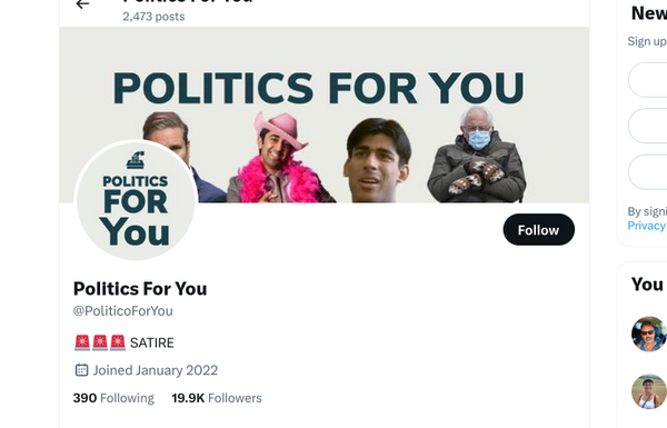 Screenshot of the Politics for You twitter profile which shows "SATIRE" in its description. 