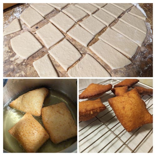 3 pics
Rolled out dough cut into rectangles, 
Dough pieces frying in oil and puffing up, 
Dark brown puffed up fried dough rectangles on a rack