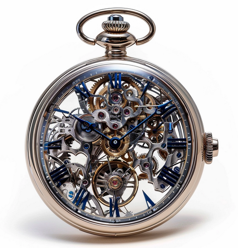 An image generated by Midjourney of a skeleton pocket watch with nonsensical gear trains, face glyphs, and crown.