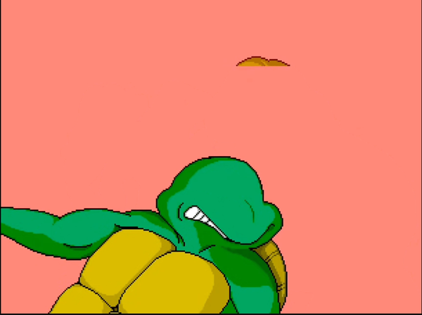 A static image from the cutscene from the prior toot, showing a single "generic turtle sprite" representing the turtle about to receive a kiss from April.