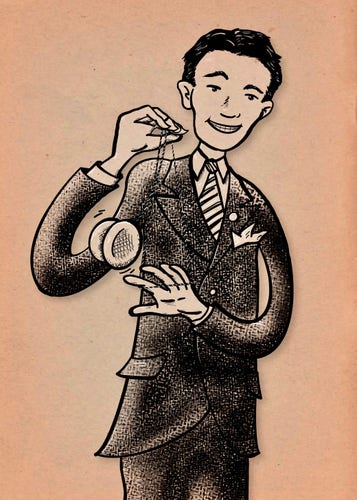 A black and white drawing of Pedro Flores doing a "rock the baby" with a yo-yo. The art has a filter applied to make it look like it is on aged paper. Pedro is smiling at the viewer and doing the trick with ease. He is in a dapper suit with a big white hankerchief poking out of his breast pocket. 