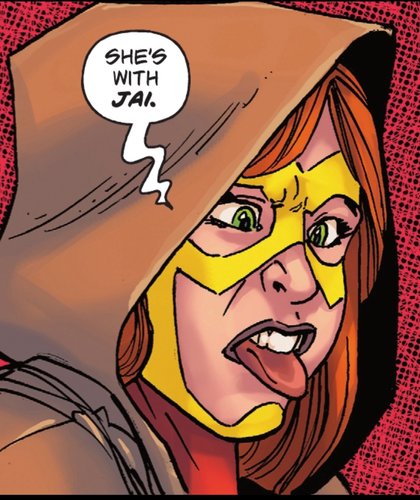 Head and shoulder shot of Flash Wally West's speedster daughter Iris in costume, eyes bugging and tongue out says, "She's with JAI."