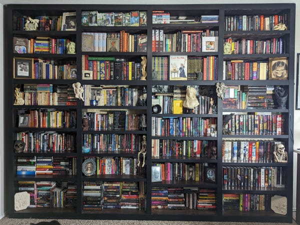 A gigantic bookshelf that fills a large length of the wall that goes up to the ceiling, filled with horror books and literature.