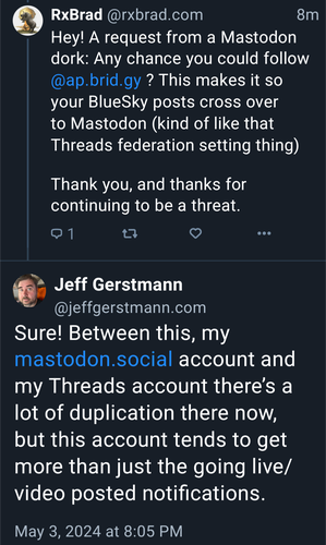 Jeff Gerstmann responding to my request on BlueSky for him to opt in to BridgyFed. 