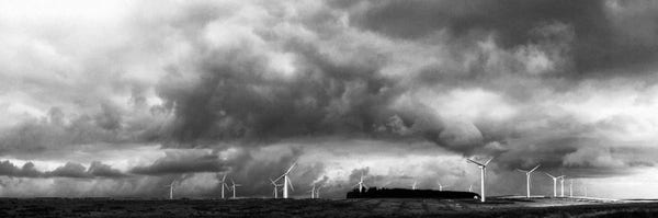 Black and white photo: Windfarm near Eyemouth under an ominous sky