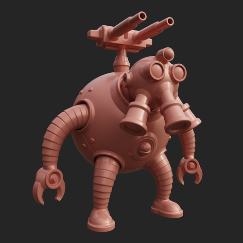 Test rendering of a 3D robot character design under construction, with a spherical body, a head featuring a triple gas mask, segmented arms and legs, and a double-barrel cannon on his back.